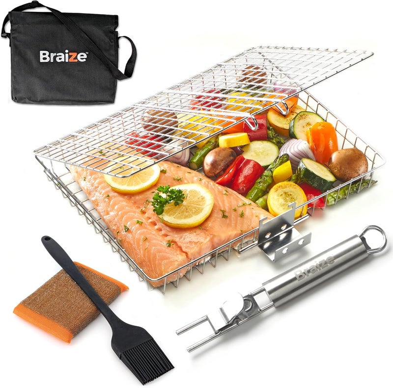 Braize Stainless Steel Large Grill Basket with Removable Handle – 12.25 x 9.5 x 1.5 Inch BBQ Vegetable Basket with Easy Open Lid, Silicone Basting Brush & Scrub Sponge – Outdoor Cooking & Camping Accessory - Image 1